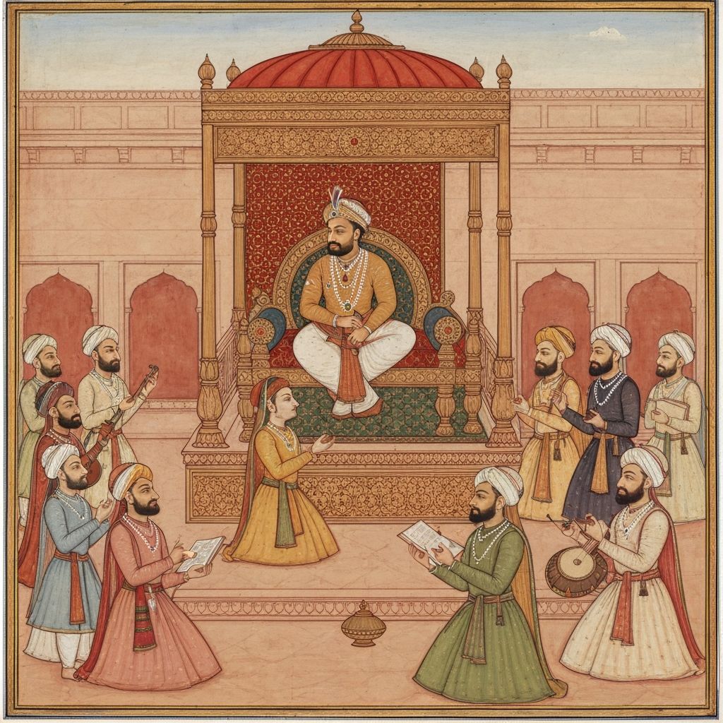 Emperor Akbar holding court at Fatehpur Sikri in Mughal miniature painting style