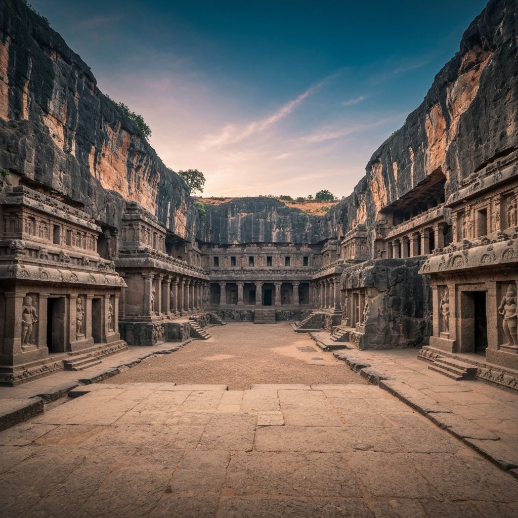 Panoramic view of Ellora Caves complex
