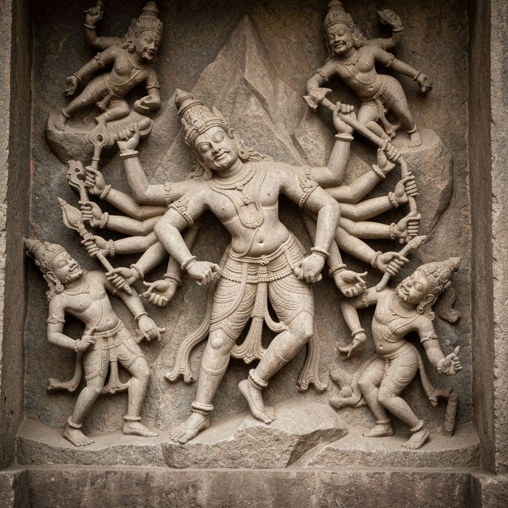 Detailed stone sculpture depicting Ravana shaking Mount Kailash