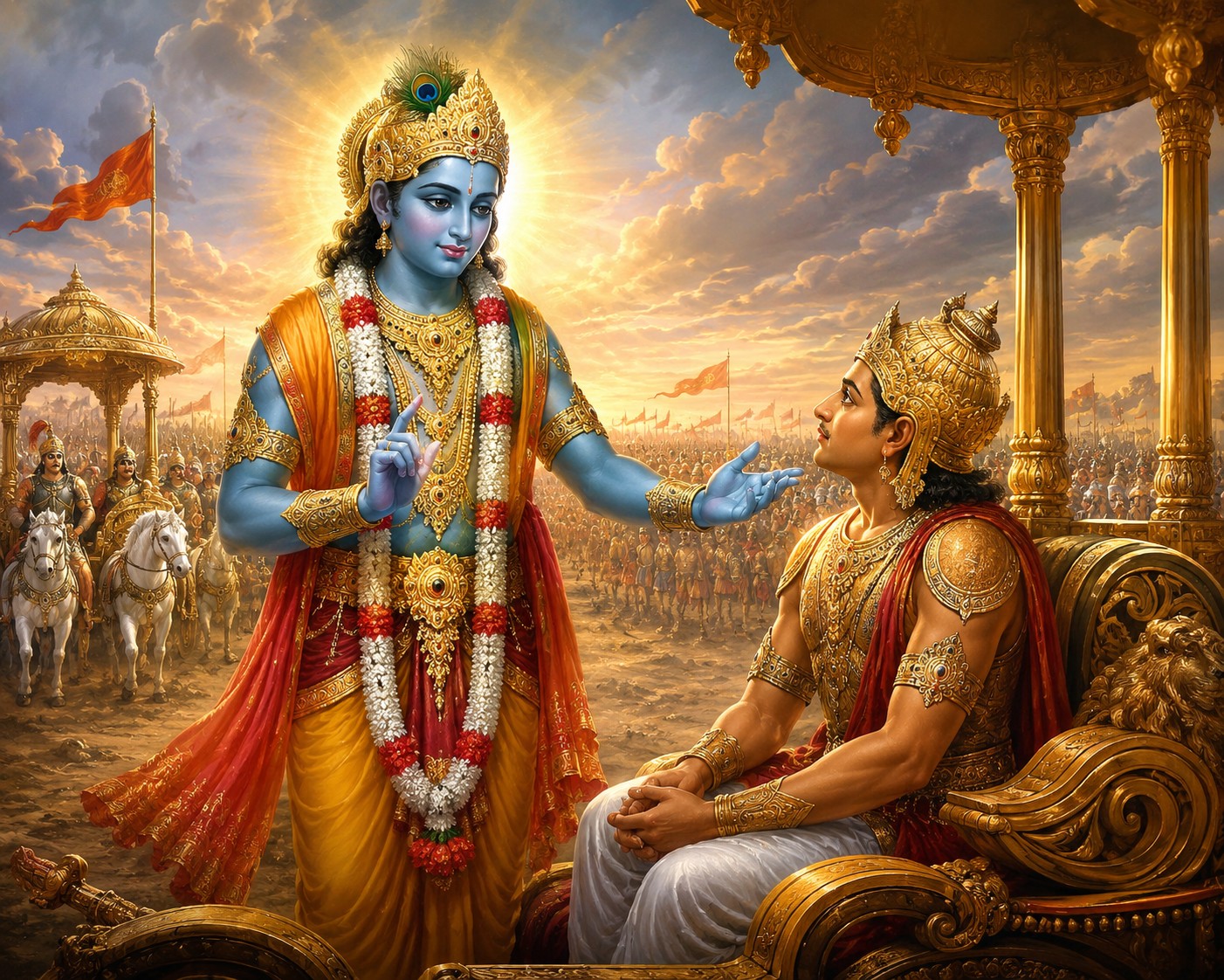 Krishna and Arjuna on the chariot at Kurukshetra