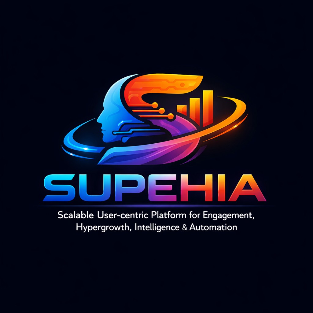 SUPEHIA logo: an AI profile fused with a growth chart inside an orbital ring